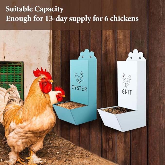 2 Pack Metal Chicken Feeder, Oyster Shell and Grit Feeder Hanging/Ground Chicken Coop Feeder with Durable Iron Construction for Hens & Chicks (Blue & White)