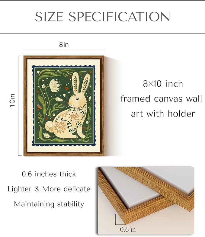 InSimSea Framed Canvas Wall Art for Living Room,Vintage Easter Bunny Decor Room Aesthetic,Neutral Rabbit Painting Picture Easter Decoration,Annimal Painting Pictures for Bedroom Kids Room- 8L x 10W