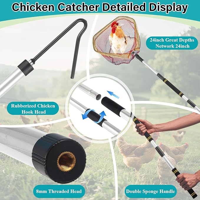 Chicken Catcher Net,37 to 93in Chicken Catcher Leg Hook Extra Long Handle Animal Catcher Pole Heavy Duty with Frosted Tube Extension Pole Poultry Hook Fowl Catcher (Stainless Steel Tube)