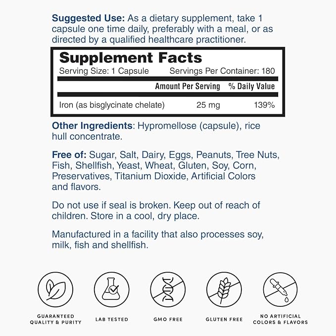 Nature's Lab Perfect Iron 25mg Dietary Supplement - Gentle Non-Constipating Formula - Supports Healthy Red Blood Cells & Energy Levels - 180 Capsules (6 Month Supply)