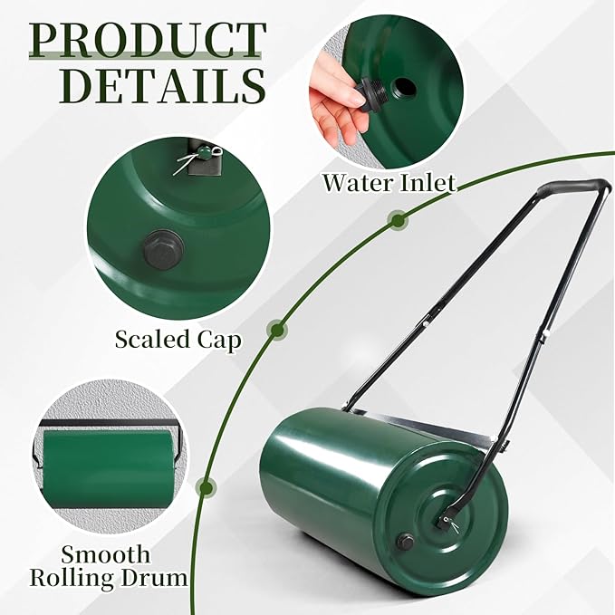 24in Heavy Duty Steel Lawn Roller,Manual Hand Lawns Roller,Water or Sand Filled Garden Rollers,Push/Tow-Behind Yard Rollers,with U-Shaped Handle,for Garden Yard Park Backyard Farm (Green & Black)