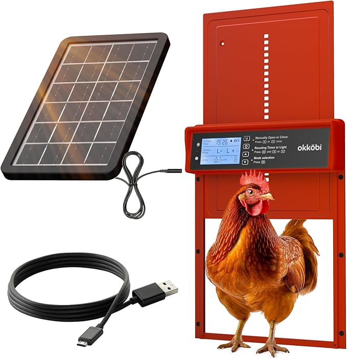 Okkobi Automatic Chicken Coop Door Solar Powered - LCD Display - Chicken Coop Door with Remote Control, Light Sensor & Timer - Security & Peace of Mind: Anti-Pinch Function - 5-Year Protection - Red