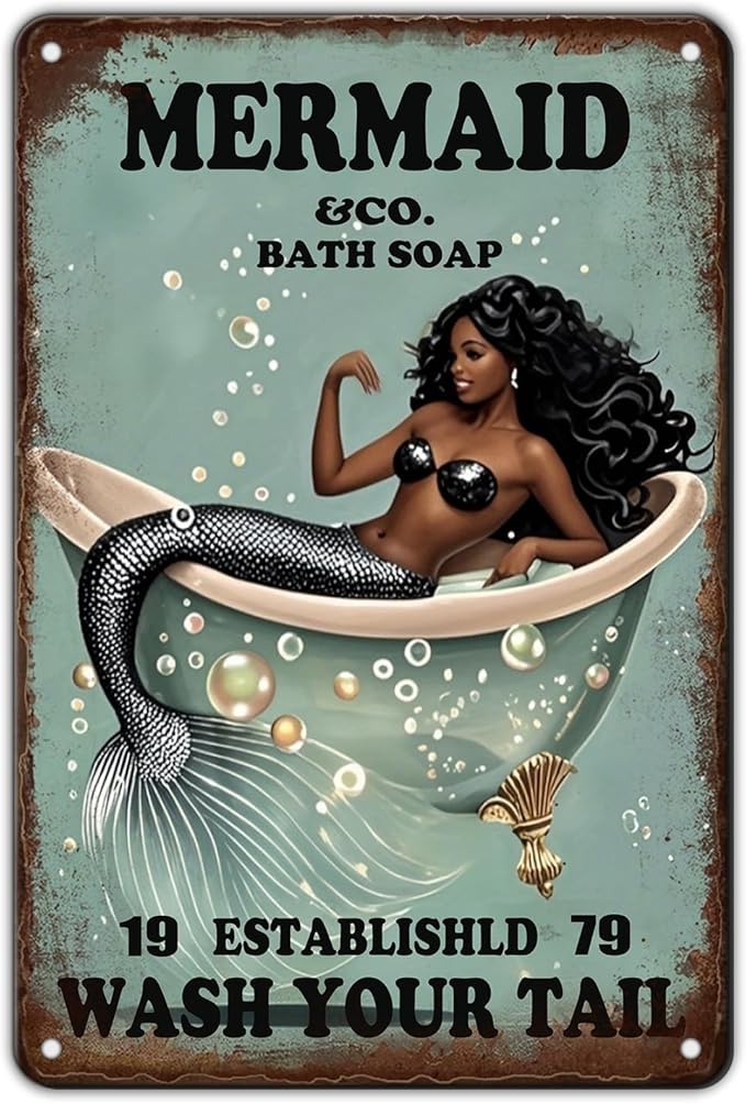 Funny Mermaid Sign Company Bath Soap Metal Signs Wash Your Tail Mermaid Wall Decor Retro Poster for Room Living Room Bathroom Toilet Hotel 12x8 Inch