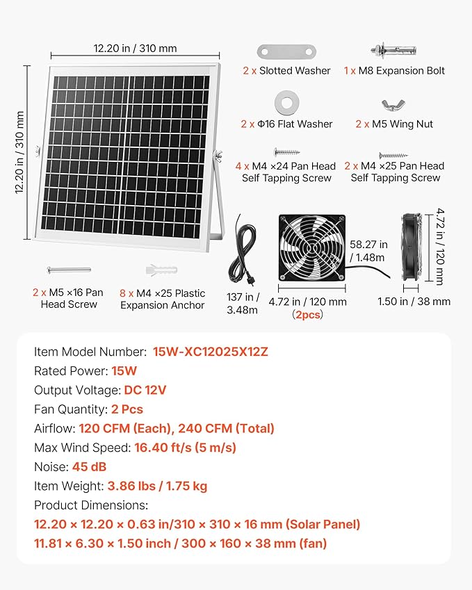 VEVOR Solar Powered Fan, 15W Solar Panel with 2 Fans, Adjustable Solar Panel Angle, 2668 RPM High-Speed, Flexible Installation, Fast Air Exchange for Greenhouse, Grow Tents, Chicken Coops, Shelters