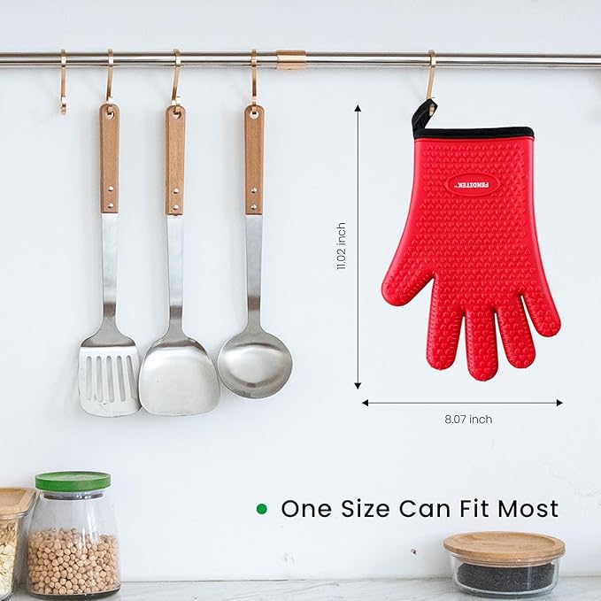 Silicone BBQ Cooking Gloves with Meat Smoker Guide，Heat Resistant Oven Mitts with Fingers，Long Protective Cotton Lined Barbecue Grilling Gloves 1 Pair for Kitchen, Cooking, and Baking Gifts (Red)