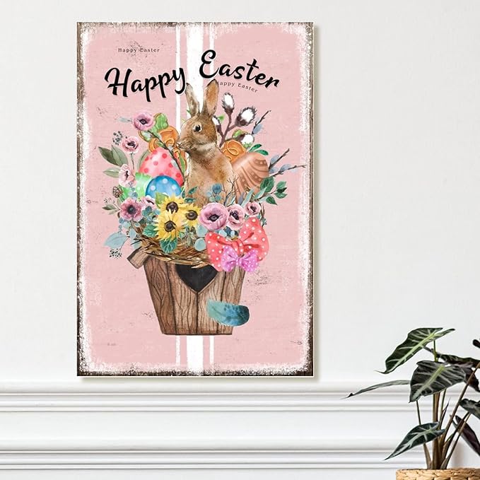 Happy Easter Flower Basket Bunny Wood Decor Sign French Style Floral Pink Stripes Wood Plaque Spring Farmhouse Decor Easter Bunny Wood Sign Plaques for Home Office Porch 8x12in