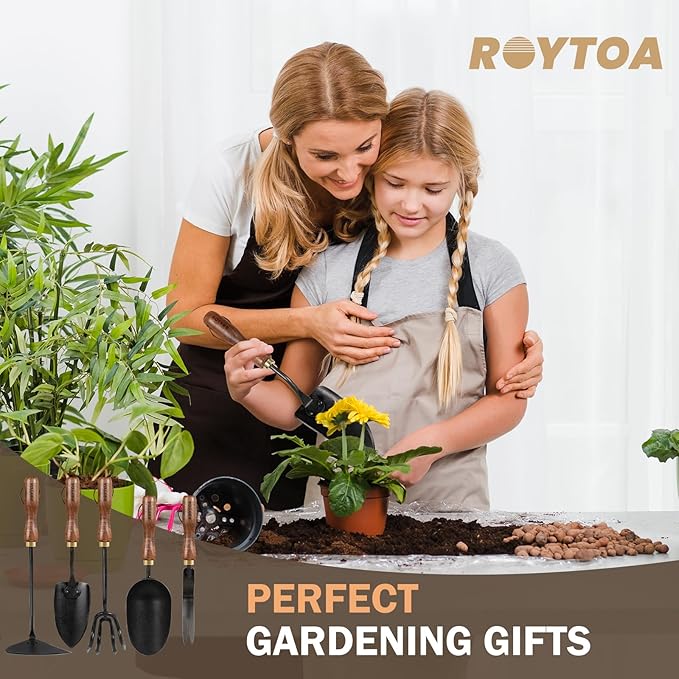 Garden Tool Set, 5PCS Gardening Tools, Stainless Steel Heavy Duty Hand Cultivator, Hoes, Shovel, Trowel and Weeder with Ergonomic Walnut Handle, Gardening Gifts for Women