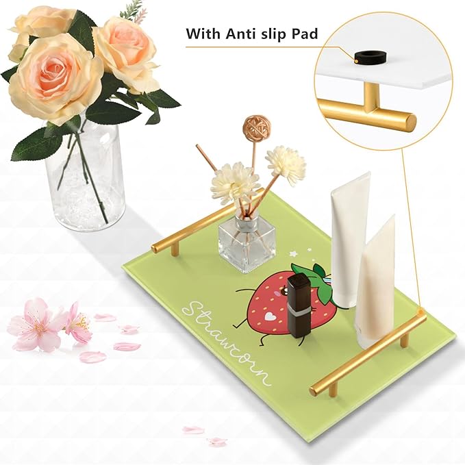 Bathroom Vanity Tray Counter Organizer, Cute Strawberry Decorative Tray with Handles Countertop Storage for Bathroom Bedroom Kitchen Home Farmhouse