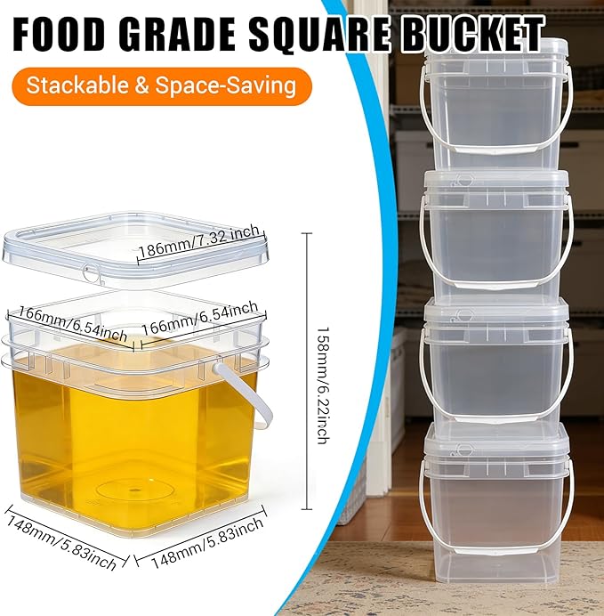 Food Storage Buckets with Lids - 4 Set Square Clear Plastic Containers, Airtight Pressure Seal & Handle for Kitchen Freezer Prep (Clear, 0.8 gal)