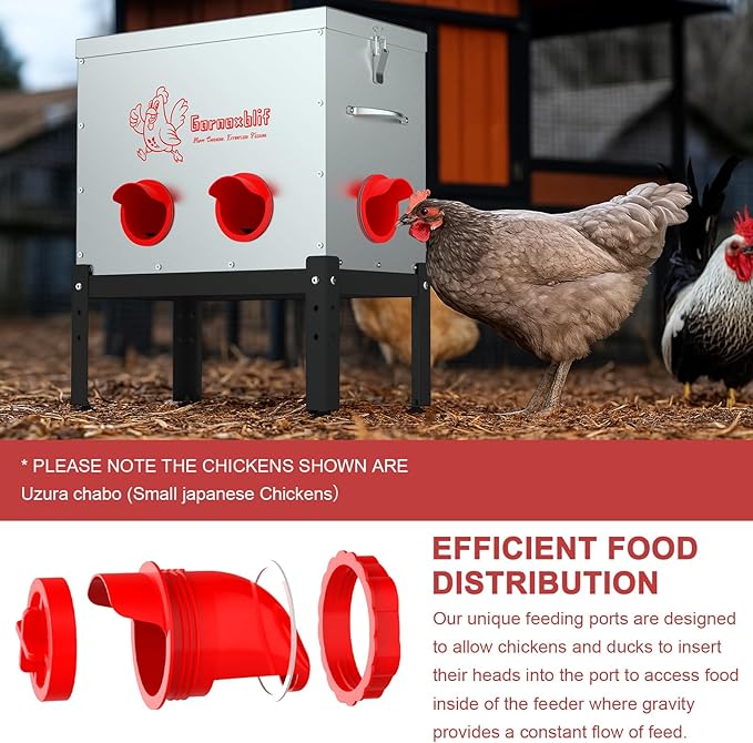 40 LB Large Automatic Chicken Feeder, 6 Port Metal Chicken Feeders, No-Waste Poultry Feeder with Adjustable Legs & Locking Lid, Weatherproof Large Chicken Feeder for Inside Chicken Coops