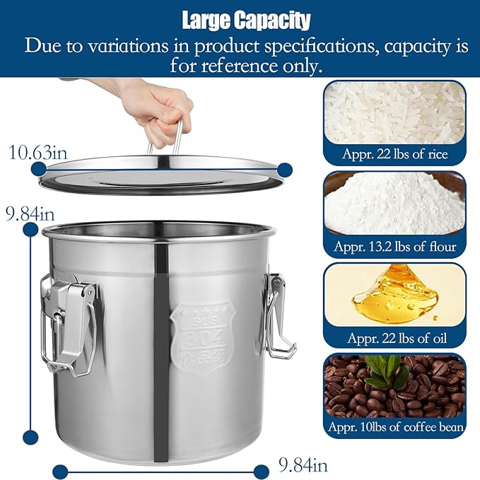 3.17Gal/12L Stainless Steel Airtight Canister, Airtight Food Storage Container with Lid and Lock Clips, 304 Stainless Steel Bucket for Rice, Flour, Grain, Coffee Bean