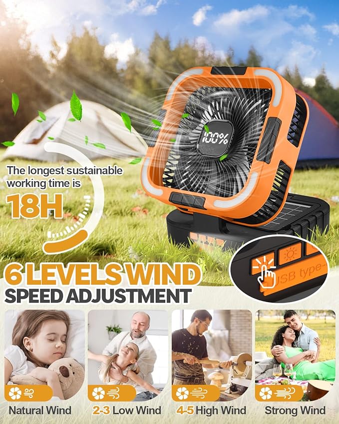 25000mah Camping Solar Fan, 120° Oscillation Rechargeable Solar Powered Fan with LED Light, 6 Adjustable Speeds Battery Powered Portable Fans, USB-C Fans for Travel Tent Camping Accessories