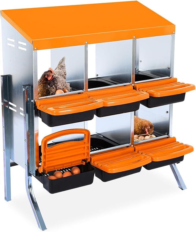 Chicken Nesting Box, 2-Tier Chicken Laying Boxes for Hens, 10 Hole Nesting Boxes for Chickens, Roll Away Nest Box for Laying Eggs, Roll Out, Easy Egg Collection (Orange, 6-Holes with Legs)