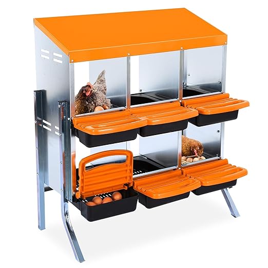 Chicken Nesting Boxes, 6 Hole Metal Chicken Laying Box with with Removable Trays and Roll Out Egg Collection for Chicken Coop, with Metal Bracket, Orange