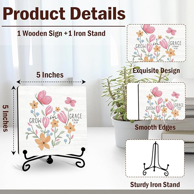 Religious Gifts for Women, 5 Inch Wildflower Bible Verse Decor, Inspirational Wooden Plaques for Home Office Sign, Grow In Grace Sign - A14