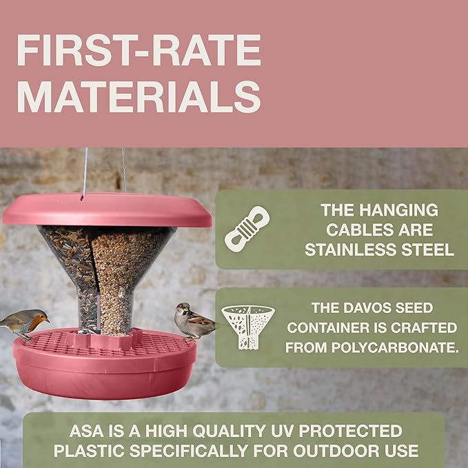 SWISSINNO Bird Feeders - No Mess Hanging Bird Feeder for Outdoors - Smart Birds Davos Spill Proof Wild Cardinal & Small Bird Feeder with Integrated Seed Catcher Tray - Dual Chamber - Dusty Rose