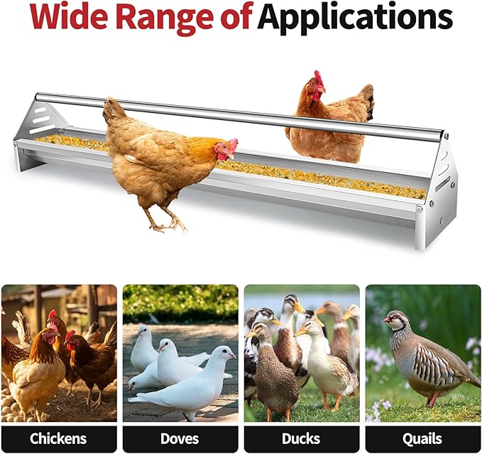 RYFT Chicken Feeding Trough 45", Heavy Duty Galvanized Steel Chicken Feeder with Crossbar, Holds 12 Chickens with Drainage Holes, Large Capacity Poultry Feeder Trough for Duck Geese Turkey Pigeon