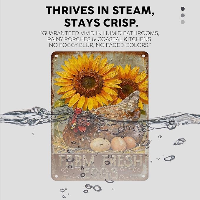 Farm Fresh Eggs Tin Sign Vintage Chicken Hen Rooster Sunflower Metal Sign Nostalgic Rustic Chicken Lovers Wall Decor Decorations for Home Farmhouse Poultry House Coop Yard Kitchen 16 * 12In