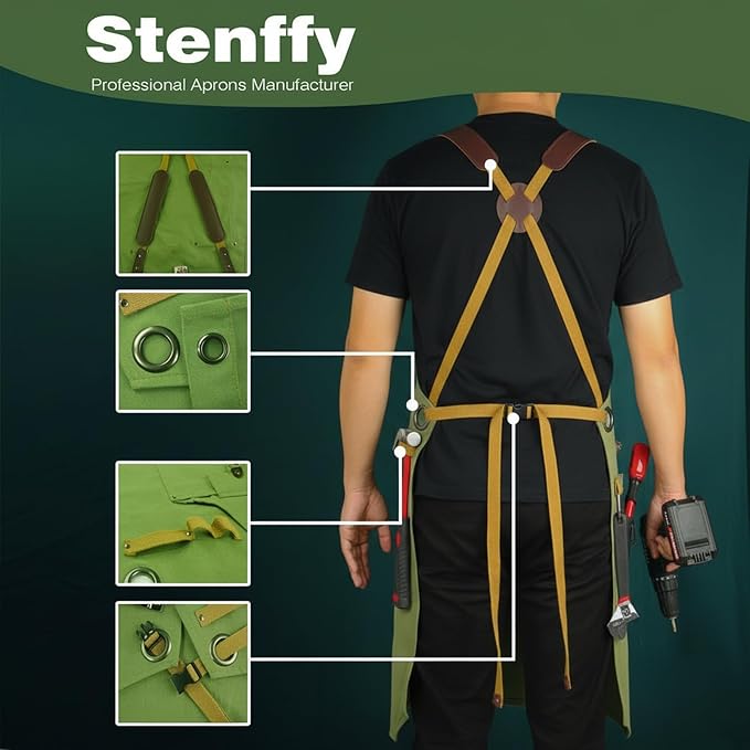 Woodworking Apron, Tool Apron, Canvas, Multiple Pockets, Adjustable Zipper, Metal Ring, Tape Measure Clip, Plus Size, Olive
