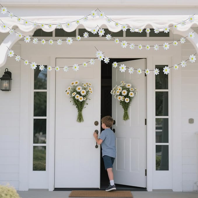 6Pcs White Daisy Banner Garland Spring Flower Hanging Bunting for Girl Boy Groovy Hippie Boho Birthday Party Decoration