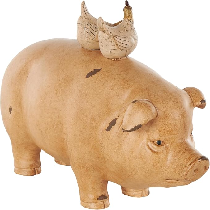 Deco 79 Resin Pig Sculpture with Roosters and Chicks, 15" x 6" x 11", Light Brown