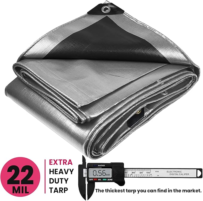 PROTARP Extreme Heavy Duty 22 Mil Tarp Cover, Waterproof, UV Resistant, Rip and Tear Proof, Poly Tarpaulin with Reinforced Edges for Roof, Camping, Patio, Pool, Boat. (Silver/Black 25′ X 45′)