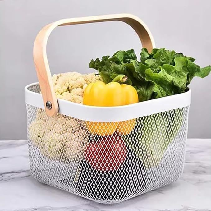 Metal Mesh Wire Basket, Large Steel Basket with Wooden Handle Storage Organizer Basket Multi-functional Hanging Kitchen Baskets Fruit Baskets for Kitchen Bathroom Cabinet Pantry Snacks, White