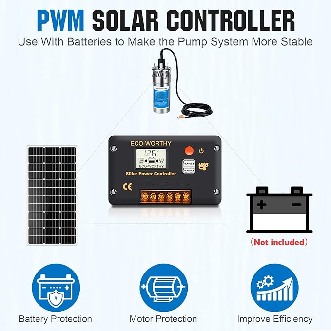ECO-WORTHY 200W 24V Solar Water Pump System, Large Flow 3.2GPM, 2pcs 100 Watts Solar Panel + Submersible Well Pump + 20A Controller + 16ft Cables for Irrigation Garden Camping