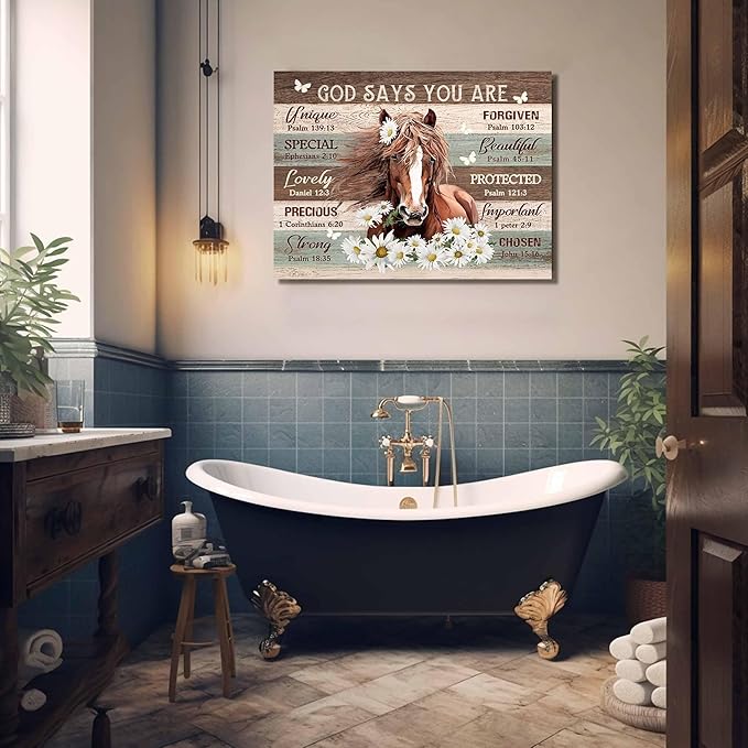 Motivational Horse Decor Wall Art For Girls Room Farmhouse Horse Daisy Wall Decor Western Bible Verse Animal Pictures Canvas Prints Painting Framed Modern Artwork For Bedroom Living Room 16"X20"