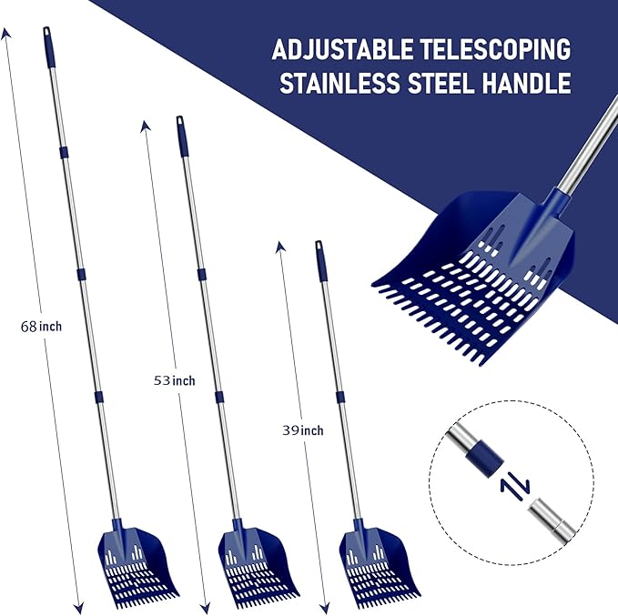Chicken Poop Scooper & Rake, 2-in-1 Chicken Poop Pooper Shovel with 3-Shape Sifting Holes, 39 to 68" Chicken Coop Rake Stainless Steel Handle Litter Shovel for Small Farm Animals