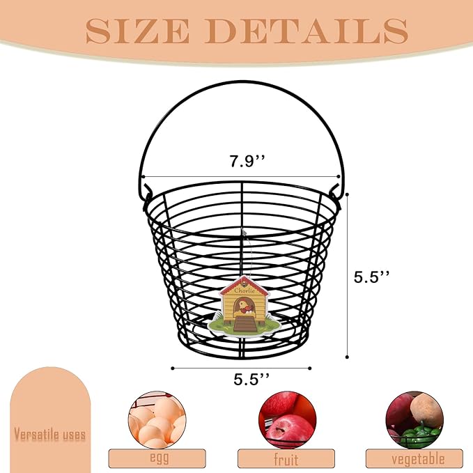 Colorful Metal Mesh Wire Egg Collecting Basket with Handle Portable Garden Vegetable Fruit Storage Lightweight Hanging Collector for Farmhouse Gathering Kitchen Picnic (Black, Normal - 8")