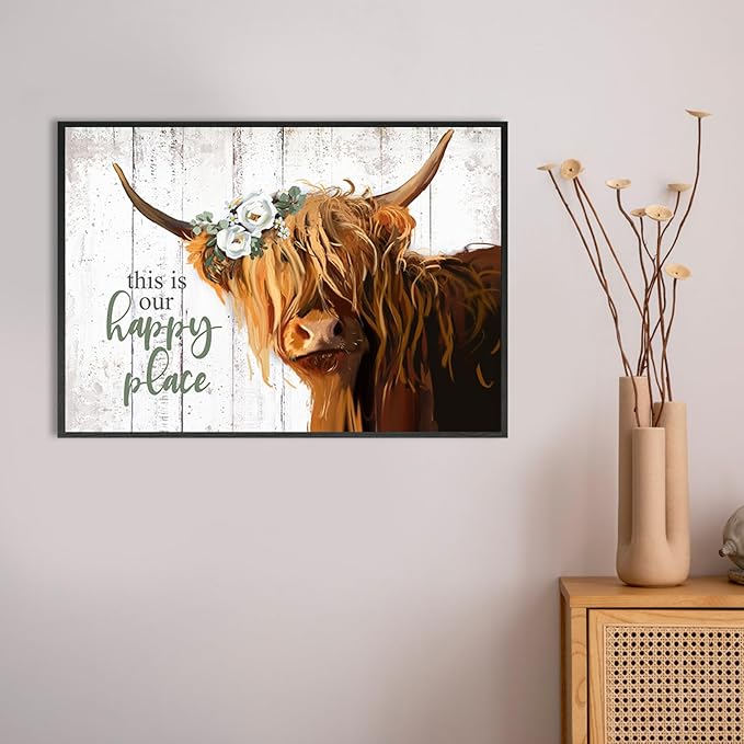 Highland Cow Decor Wall Art, Floral Farmhouse Cow Rustic Wall Decor, This is Our Happy Place Inspirational, Country Cattle Framed Painting for Living Room, Bedroom, Kitchen,Bathroom(10x14.5'')