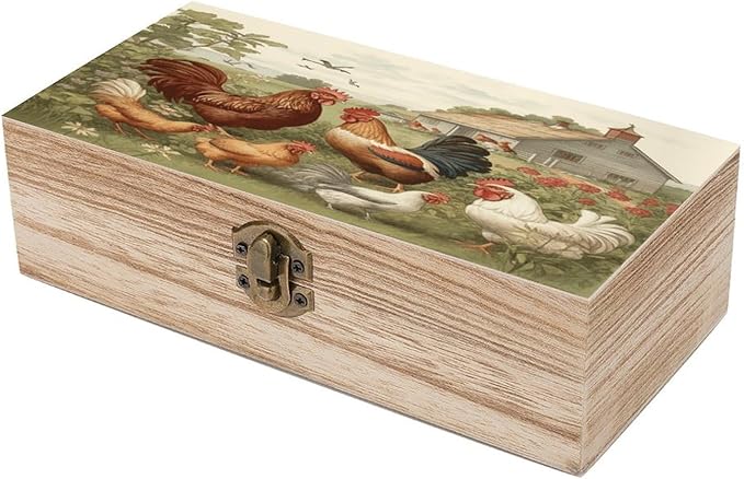 Chickens And Farm Wooden Storage Boxes with Hinged Lid Beautifully Keepsake Boxes Wood Jewelry Box Jewellery Organiser & Trinket Holder Gift for Men & Women 7.9" X 3.9" X 2.3"