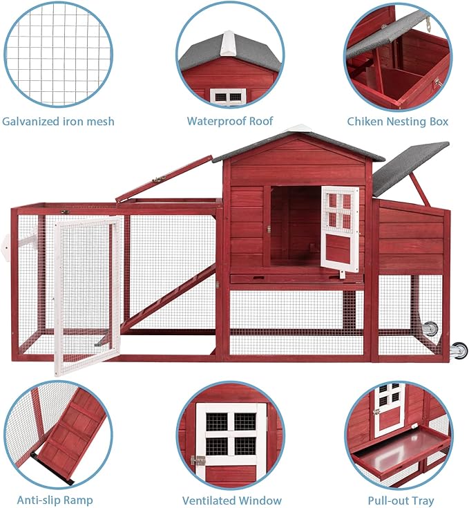 PetsCosset 158in Chicken Coop Wooden Indoor Outdoor for 1-6 Chickens Extension Chicken Houses with Removable Tray Nesting Box and Run（Set of Two）, Red