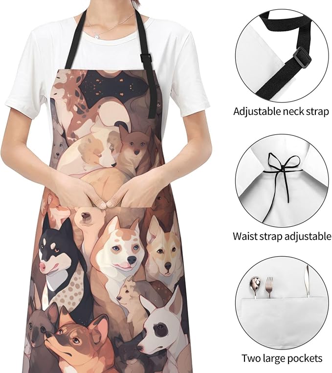 Dogs and Roses Heavy Duty Waterproof Apron with Pockets for AdultsResistant Grilling, Gardening, Painting