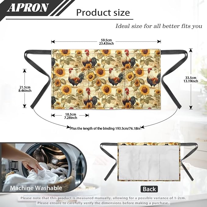 Waist Apron with 3 Pockets Waterproof 13 Inch Short Half Waist Aprons Women Men Server Aprons Waitress Waiter Apron