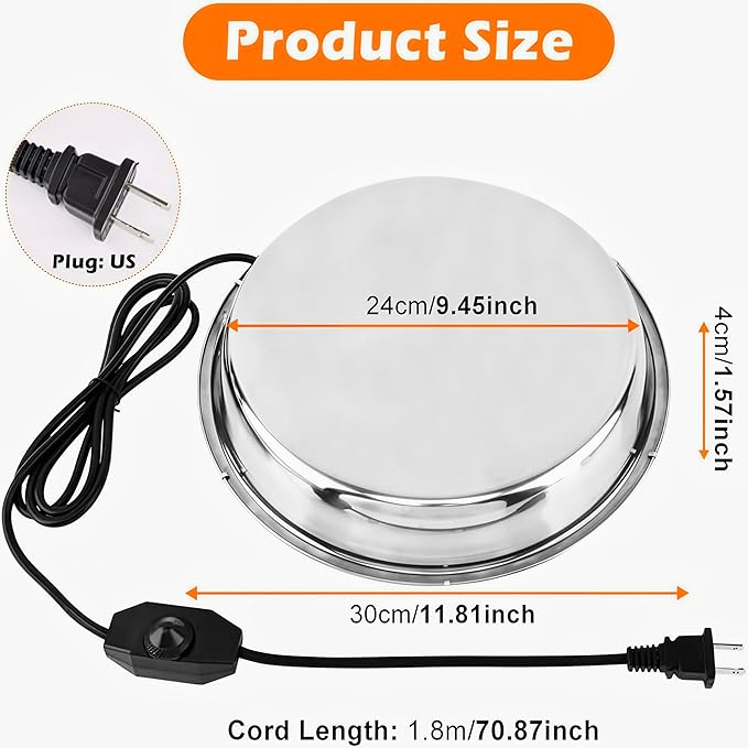 Chicken Water Heater for Winter, 11.8" Stainless Steel Heated Base for Poultry Drinker, 110V 60Watt Thermostatic Heater for 1-5 Gallon Chicken Waterer, US Plug, Anti-Rust, Safe for Coops and Barns