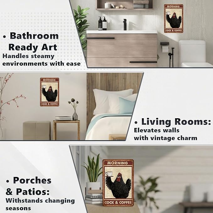 Funny Chicken Metal Signs Coffee Decor Morning Cock And Coffee Tin Signs Vintage Kitchen Metal Decor Rustic Wall Art For Home Farmhouse Coop Farm Poultry House Cafe Bar Office 12 * 8 In