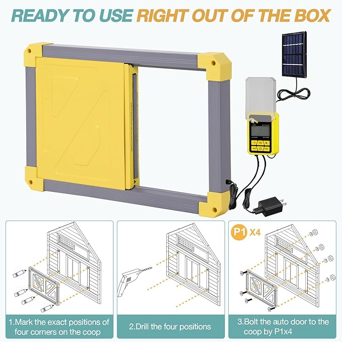 Automatic Chicken Coop Door, Solar Powered Automatic Chicken Door with Timer Mode, Battery Powered LCD Screen, Anti-Pinch Design, Waterproof, Easy Installation (Grey)