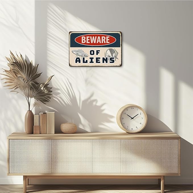 Alien Gifts Vintage Alien Decor Beware of Aliens Funny Aluminium Plate Signs for Home Bedroom Garage Man Cave Shed Indoor&Outdoor Wall Art Decorations Metal Signs