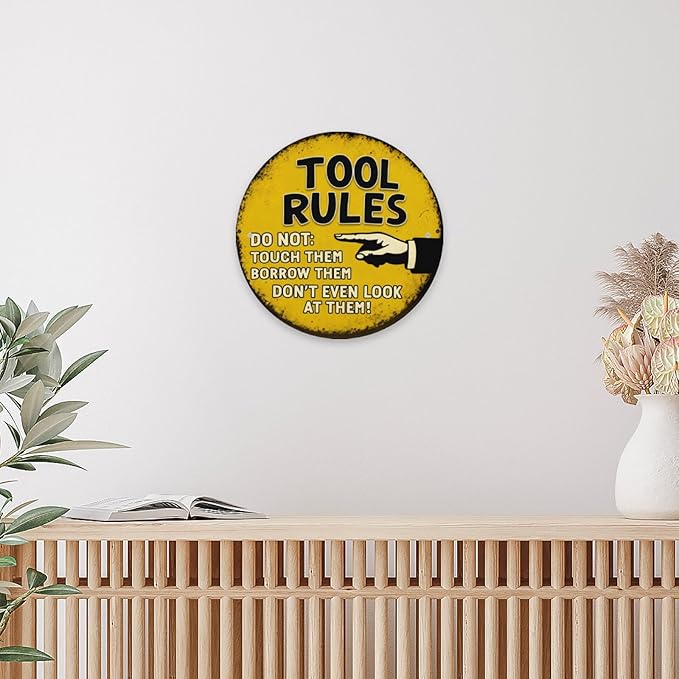 Vintage Metal Signage, 8 x 8 inches, Funny Tool Rules Round Metal Sign Don't Garage Decor for Man Cave Room Wall Decorative Home Tin Sign