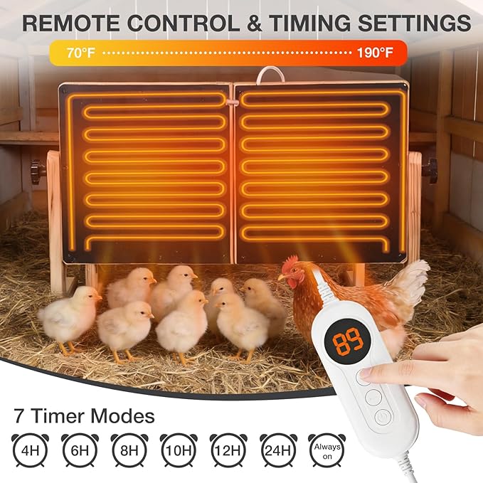 Chicken Coop Heater with Temperature Control, 200W Chick Heater with Adjustable Temp (70-190℉) for Winter, 2 Heating Plates, Foldable Large Size Coop Heater (Natural Wood)