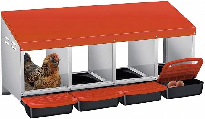 Chicken Nesting Boxes with Rollout Egg Collection – 4-Compartment Metal Hen Nest Box with Removable Trays, Slanted Roof & Ventilation, Wall Mount or Standing for Backyard Poultry Coop, Orange