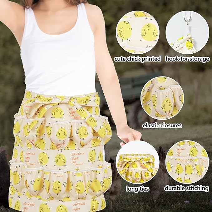 Egg Apron for Kid and Adult, Deep Pockets with Elastic Closures, Fresh Egg Collecting Gathering Holding Apron