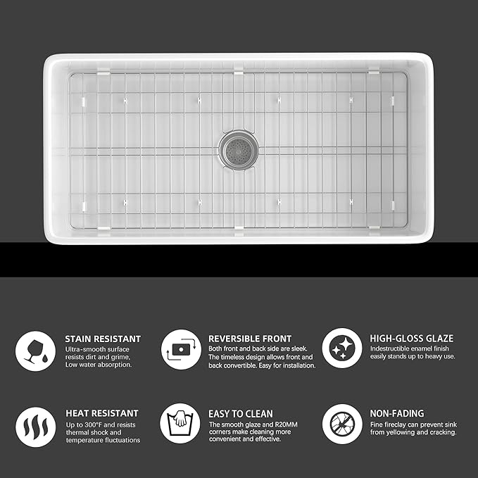 Miuara Farmhouse Sink 36 Inch - Extra Large Apron Front Kitchen Sink Reversible 36"x18"x10", Undermount Installation, Farm House ﻿Style Single Bowl, Solid Fireclay, Glossy White, for Kitchen