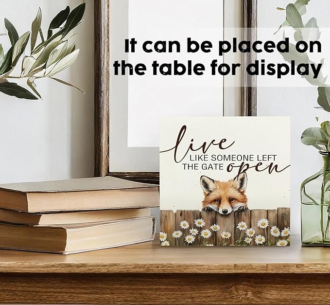 Fox Wooden Box Sign - Rustic Farmhouse Live Like Someone Left the Gate Open Signs for Home Decor,Farm Cottagecore Animal Office Kitchen Bedroom Decor,Fox Gifts for Women Men, 8x8