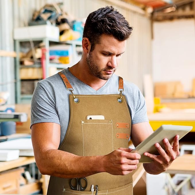 Chef Apron for Men Women Canvas Aprons with 3 Pockets Cross Back Resistant Work Apron for Cooking
