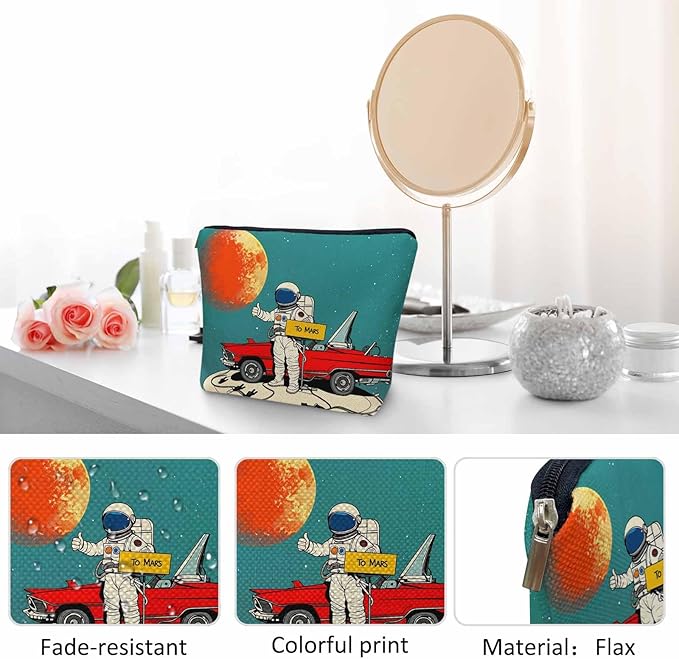 Women Makeup Organizer Bag Astronaut Cosmos Galaxy Space Astronaut Spaceship Flax Cosmetic Bag Makeup Bags Toiletry Bag Accessories Organizer Travel Bags For Home Bathroom Office Hotel Gym