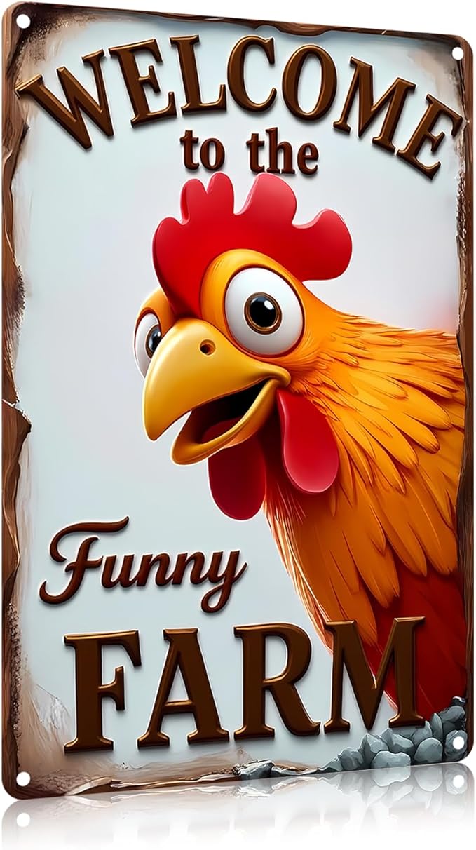 FunnySign Chicken Gifts Rooster Décor Welcome To The Funny Farm Rustic Tin Sign For Home Farm Chicken Coop Decor 8x12 Inch (9706)