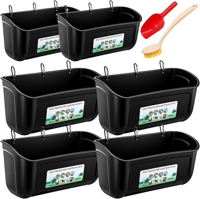 6 Pack Chicken Duck Feeder Waterer Hanging Goat Feeder Trough 2.5 and 5 Quart Livestock Feeding Trough with Scoop & Brush for Pig, Poultry, Fence Feeding, 25 Quart Total (Black)